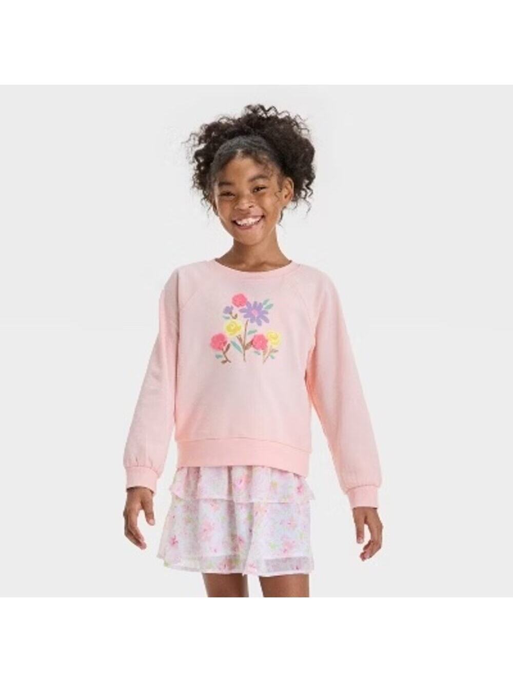 Cat & Jack NWT Girls Long Sleeve French Terry Floral Pullover Sweatshirt S (6/7)